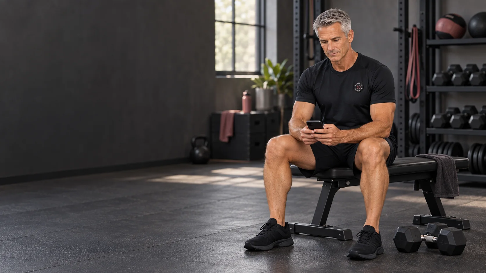 Man sitting on a gym bench and looking at his phone after training