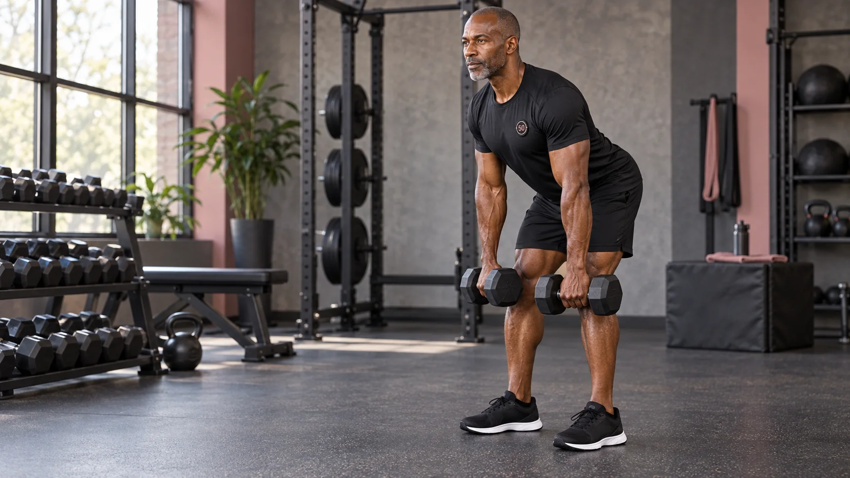 Man performing a dumbbell hip hinge in a gym